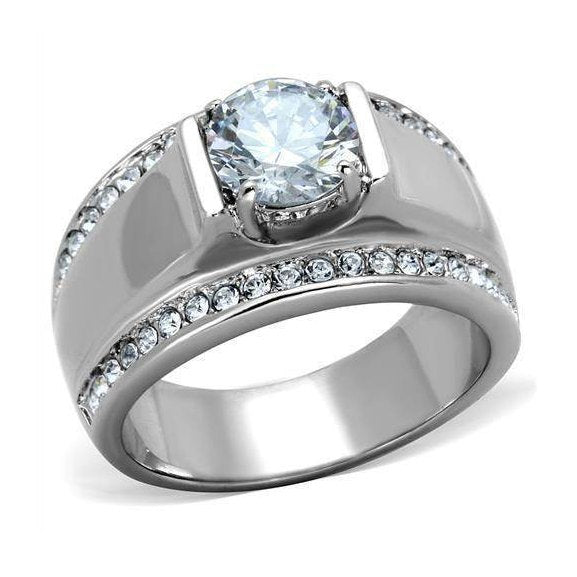 Stylish mens stainless steel ring featuring a large center stone and sparkling accents for a bold look
