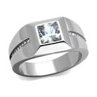 Men's stainless steel ring with a square-cut center stone and accent diamonds for a stylish look