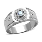 Men's stainless steel ring with a sparkling center stone and decorative accents on the band
