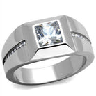 Mens stainless steel ring with a large square stone and accent gems for a stylish look