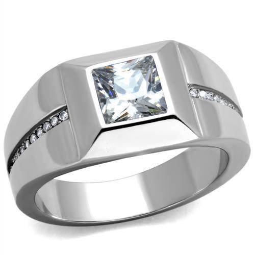 Mens stainless steel ring with a large square stone and accent gems for a stylish look