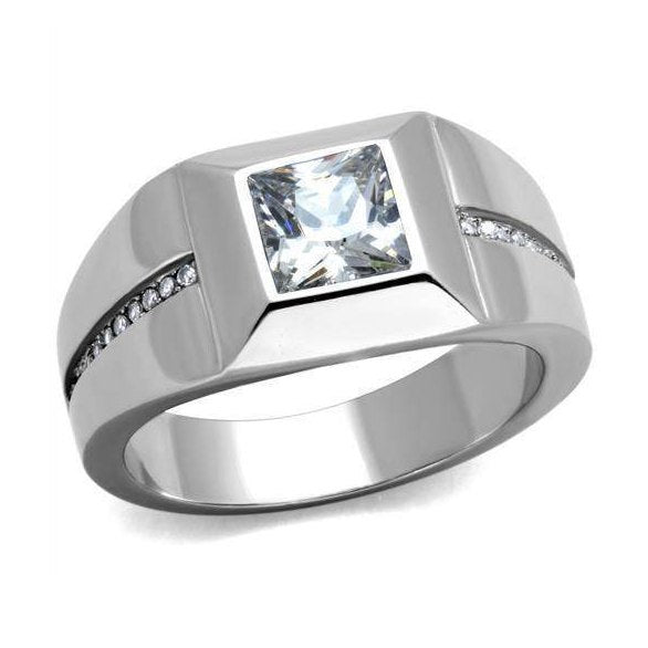 Mens stainless steel ring with a large square stone and accent gems for a stylish look