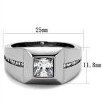 Mens stainless steel ring featuring a square diamond with side embellishments for a bold look