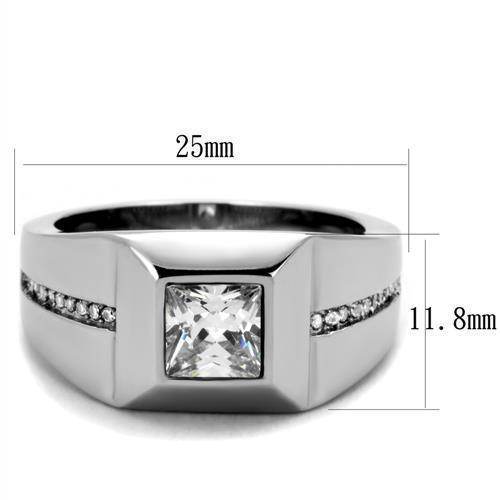 Mens stainless steel ring featuring a square diamond with side embellishments for a bold look
