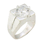 Men's sterling silver ring with a large clear stone and textured band design