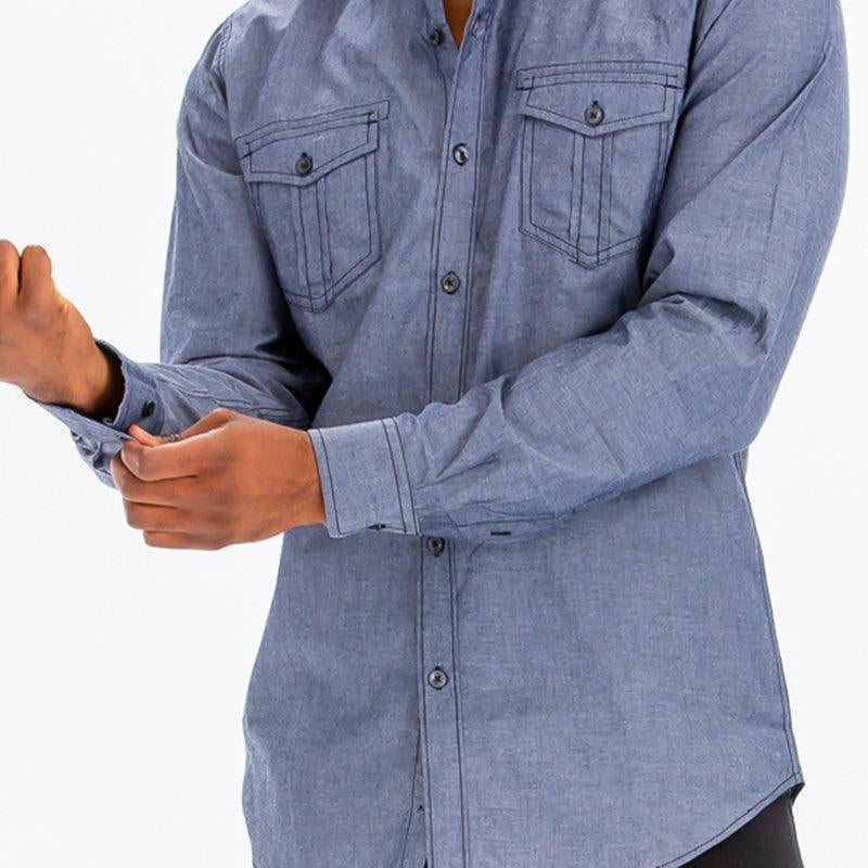 Men's Shirts Mens Stitched Trim Button Down Shirt Two Pockets
