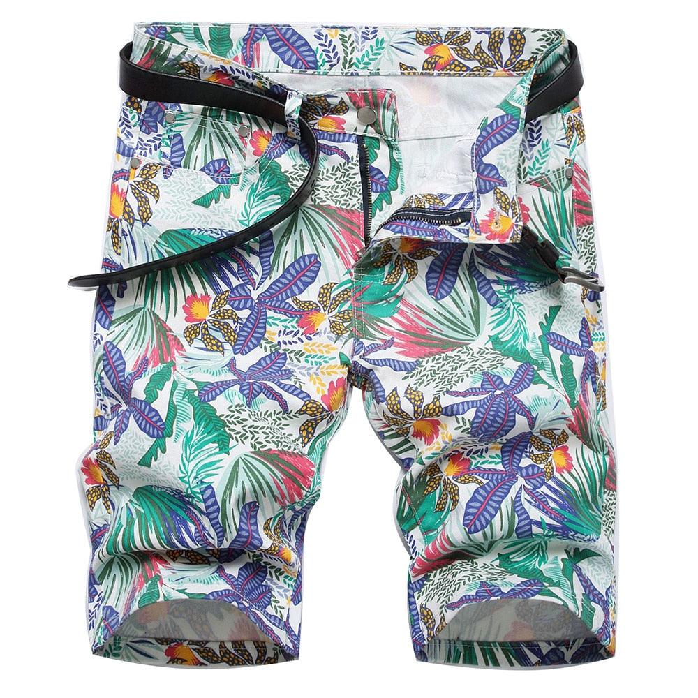 Men's Shorts Mens Tropical Print Stretch Denim Shorts For Summer