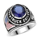 Men's trucker ring Montana blue with a blue stone and engraved truck driver design