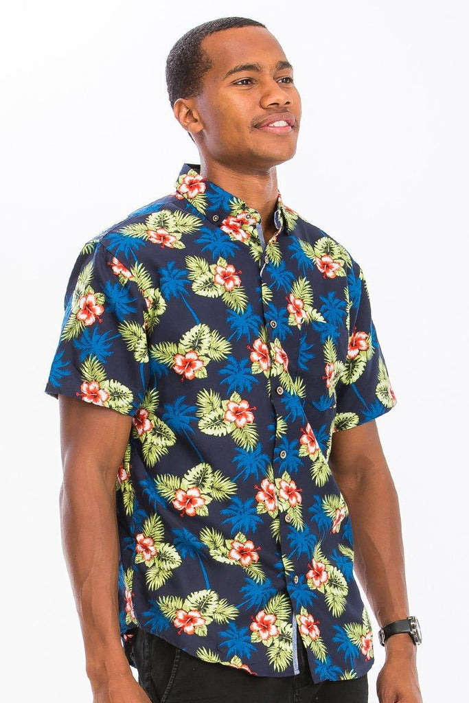 Men's Shirts Mens Turquoise Hibiscus Hawaiian Shirt Button Down