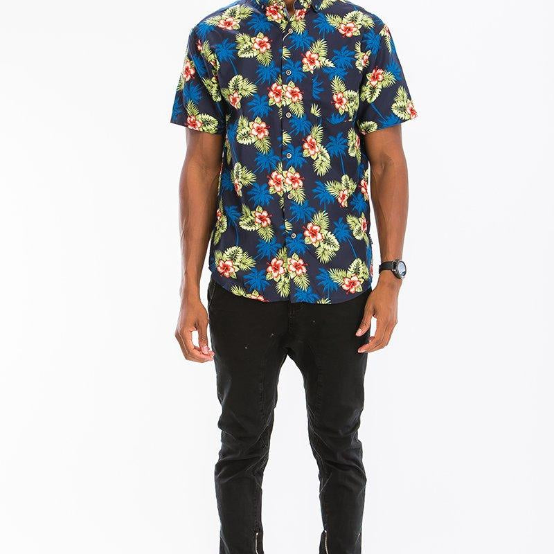 Men's Shirts Mens Turquoise Hibiscus Hawaiian Shirt Button Down