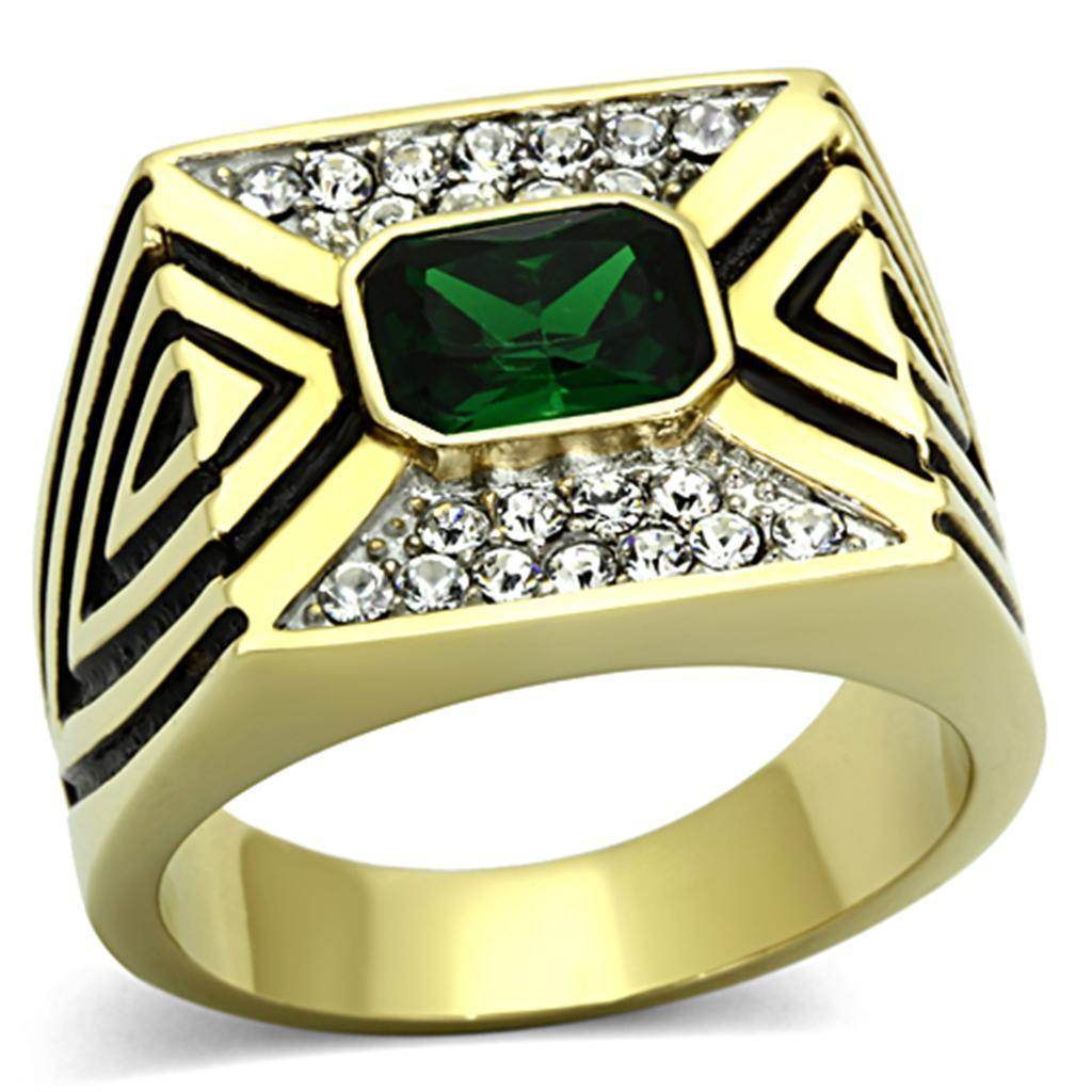 Mens Vacation Jewelry Ring with Green Stone and Sparkling Accents in Gold Finish