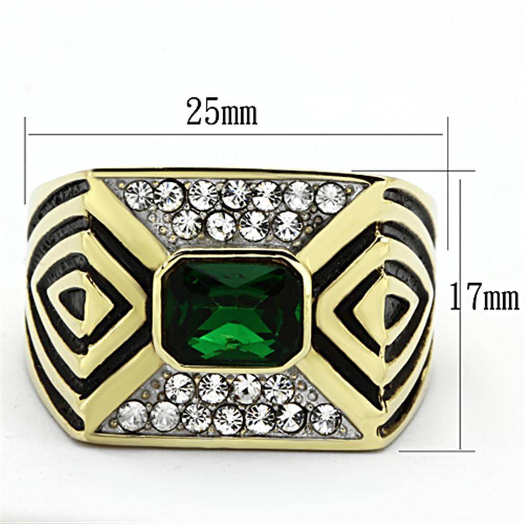 Mens vacation jewelry ring featuring a green gemstone and sparkling crystals in a bold gold setting