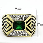Mens vacation jewelry ring featuring a green gemstone and sparkling crystals in a bold gold setting