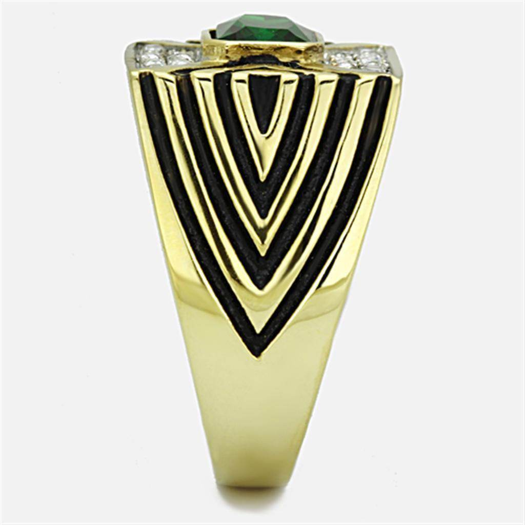 Bold gold mens vacation jewelry ring featuring black and green accents with diamond-like details