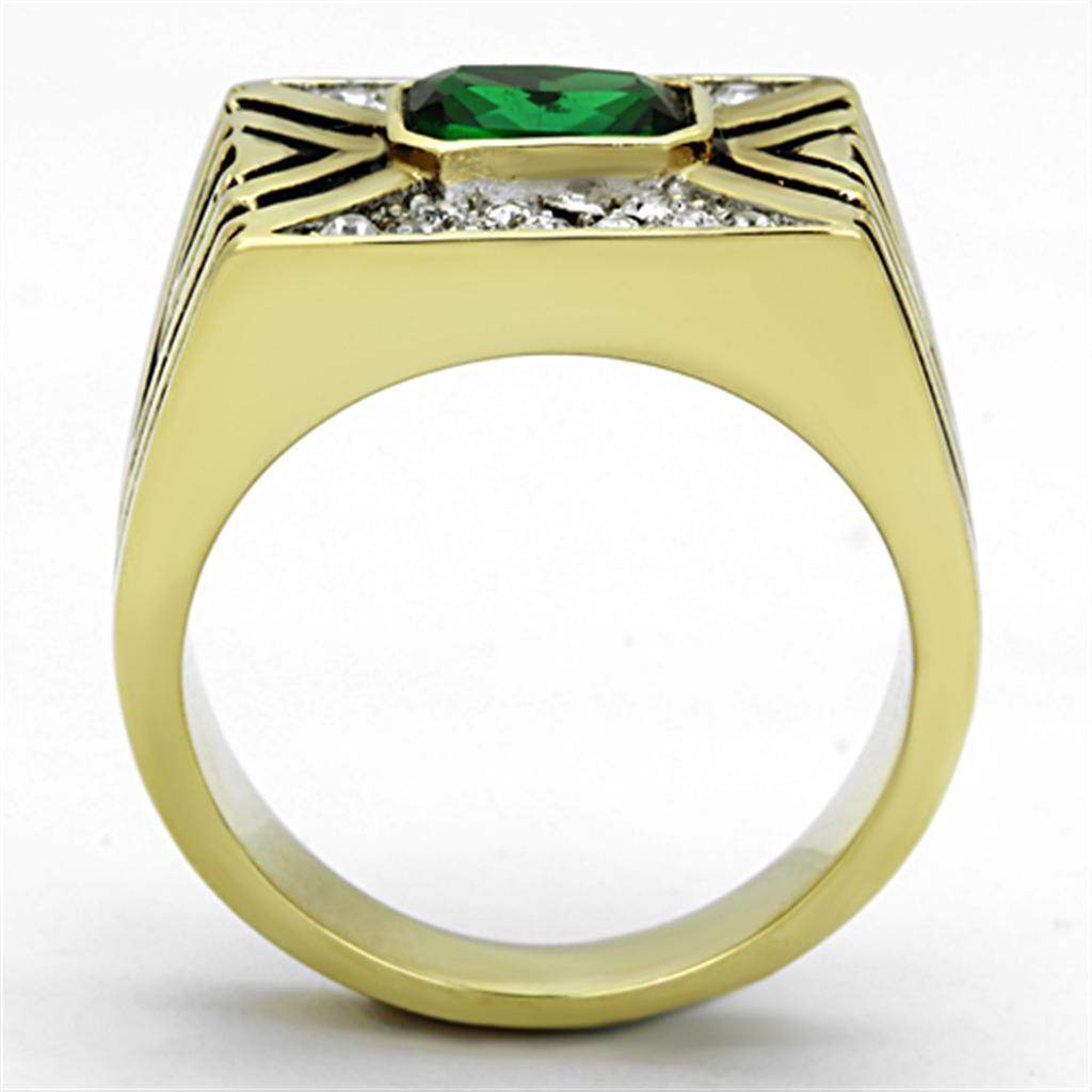Mens vacation jewelry ring featuring a green gemstone and intricate design in gold finish