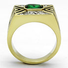 Mens vacation jewelry ring featuring a green gemstone and intricate design in gold finish