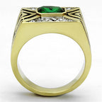 Mens vacation jewelry ring featuring a green gemstone and intricate design in gold finish