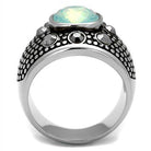 Mens vacation jewelry ring with an iridescent stone and stylish black detailing