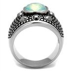 Mens vacation jewelry ring with an iridescent stone and stylish black detailing