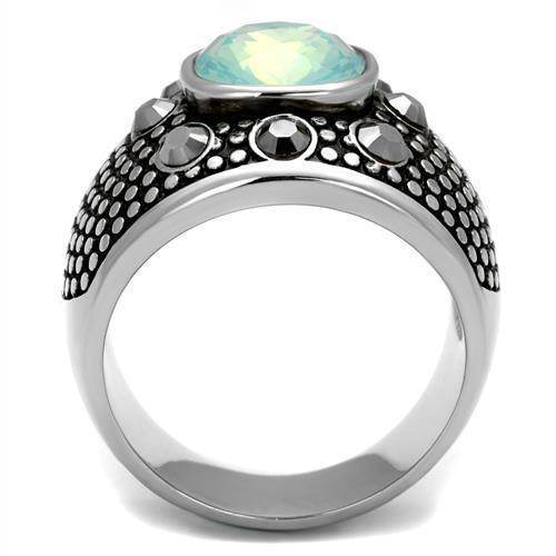 Mens vacation jewelry ring with an iridescent stone and stylish black detailing