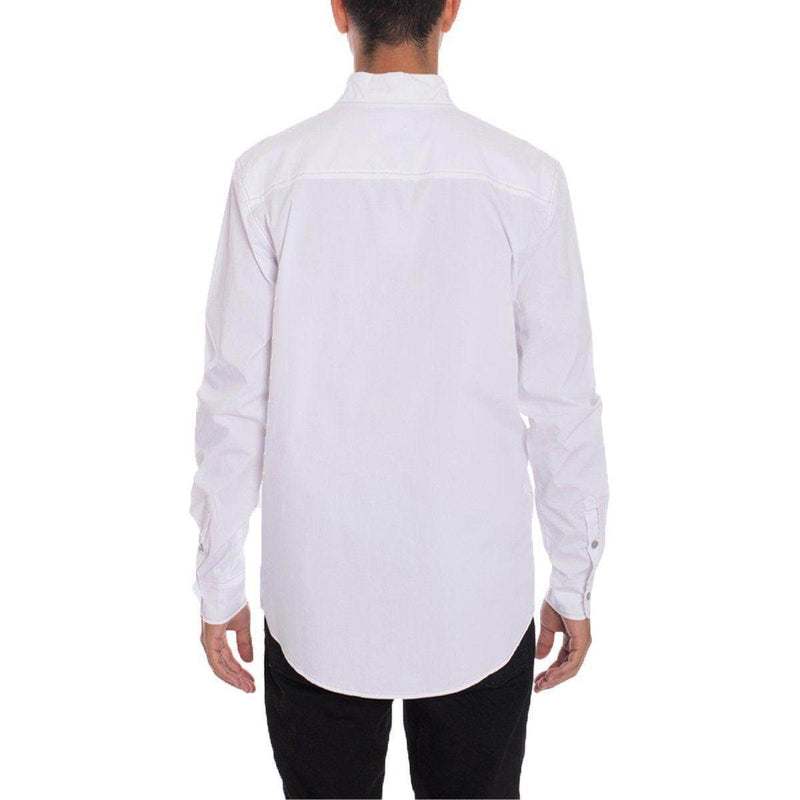 Back view of a mens white button front shirt from VacationGrabs featuring long sleeves and a curved hem