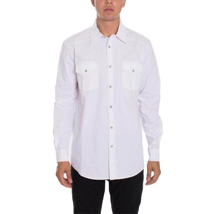 VacationGrabs mens white button front shirt with dual chest pockets and long sleeves