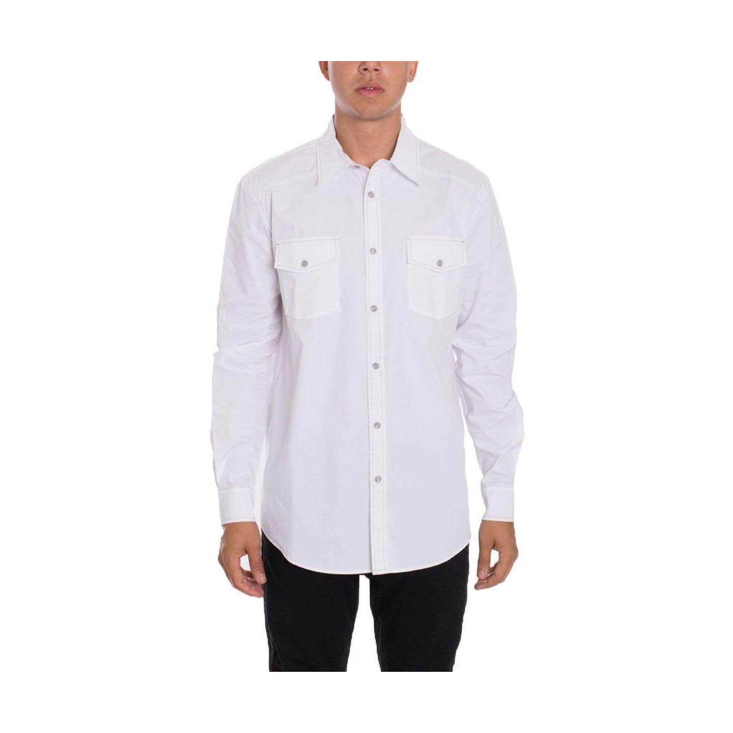 VacationGrabs mens white button front shirt with two chest pockets and long sleeves