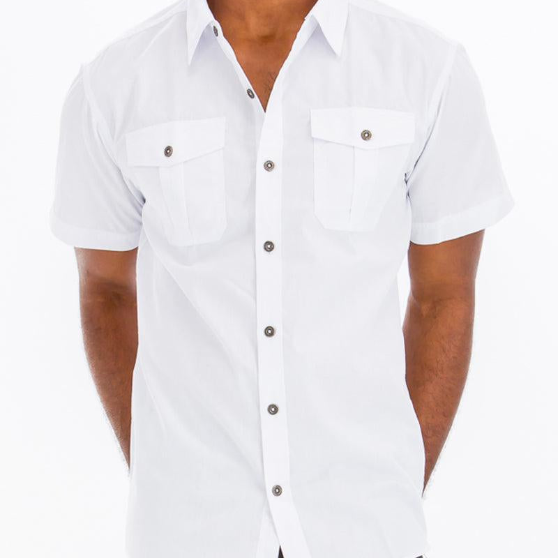 Men's Shirts Mens White Two Pocket Button Front Casual Shirt Short Sleeve