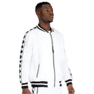 Mens white zip up jacket by VacationGrabs with stylish side detailing and a comfortable fit