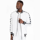 Mens white zip up jacket with contrasting black stripes and a sleek bomber design
