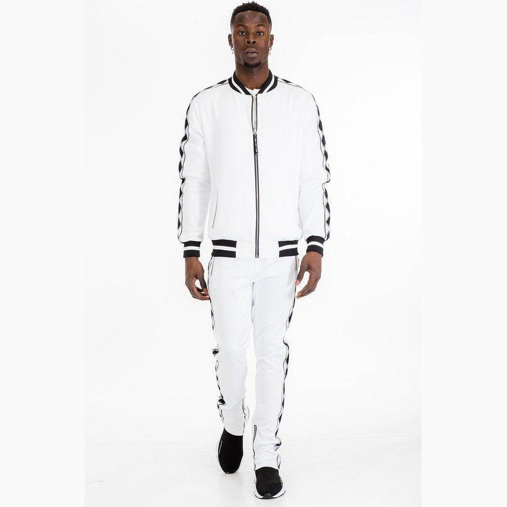 Stylish mens white zip up jacket with striped detailing, perfect for casual outings and active wear