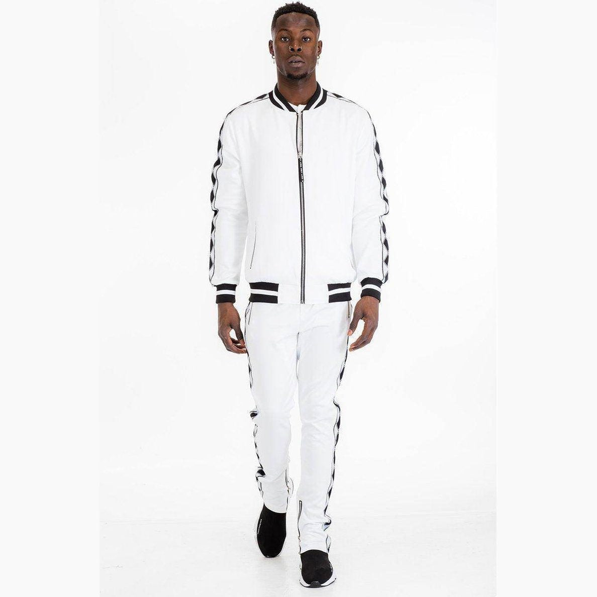 Stylish mens white zip up jacket with striped detailing, perfect for casual outings and active wear
