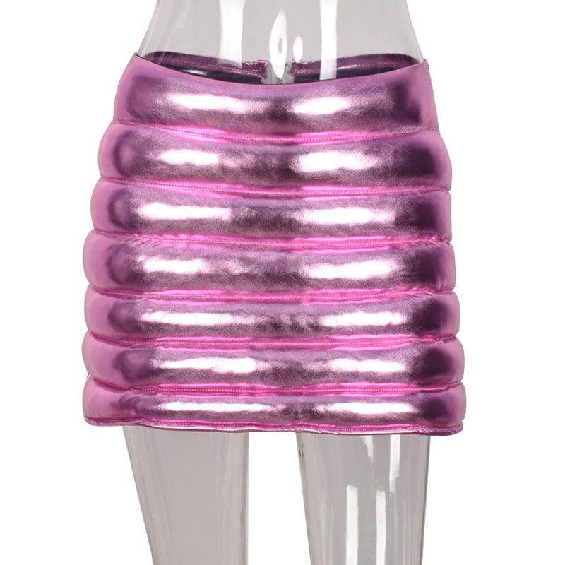 Metallic Pink Puffer Skirt by Red Iphigenia, featuring a stylish quilted design and vibrant sheen