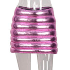 Metallic Pink Puffer Skirt by Red Iphigenia, featuring a stylish quilted design and vibrant sheen