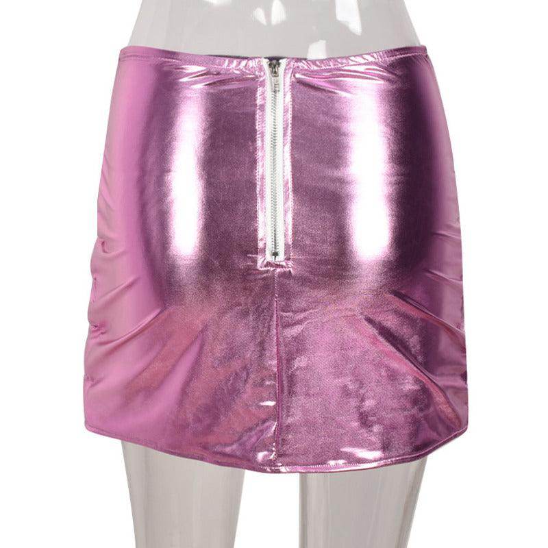 Metallic Pink Puffer Skirt by Red Iphigenia with a Stylish Front Zip Closure