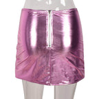 Metallic Pink Puffer Skirt by Red Iphigenia with a Stylish Front Zip Closure