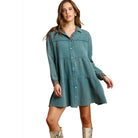 VacationGrabs mineral wash cotton dress in teal with button-down front and long sleeves