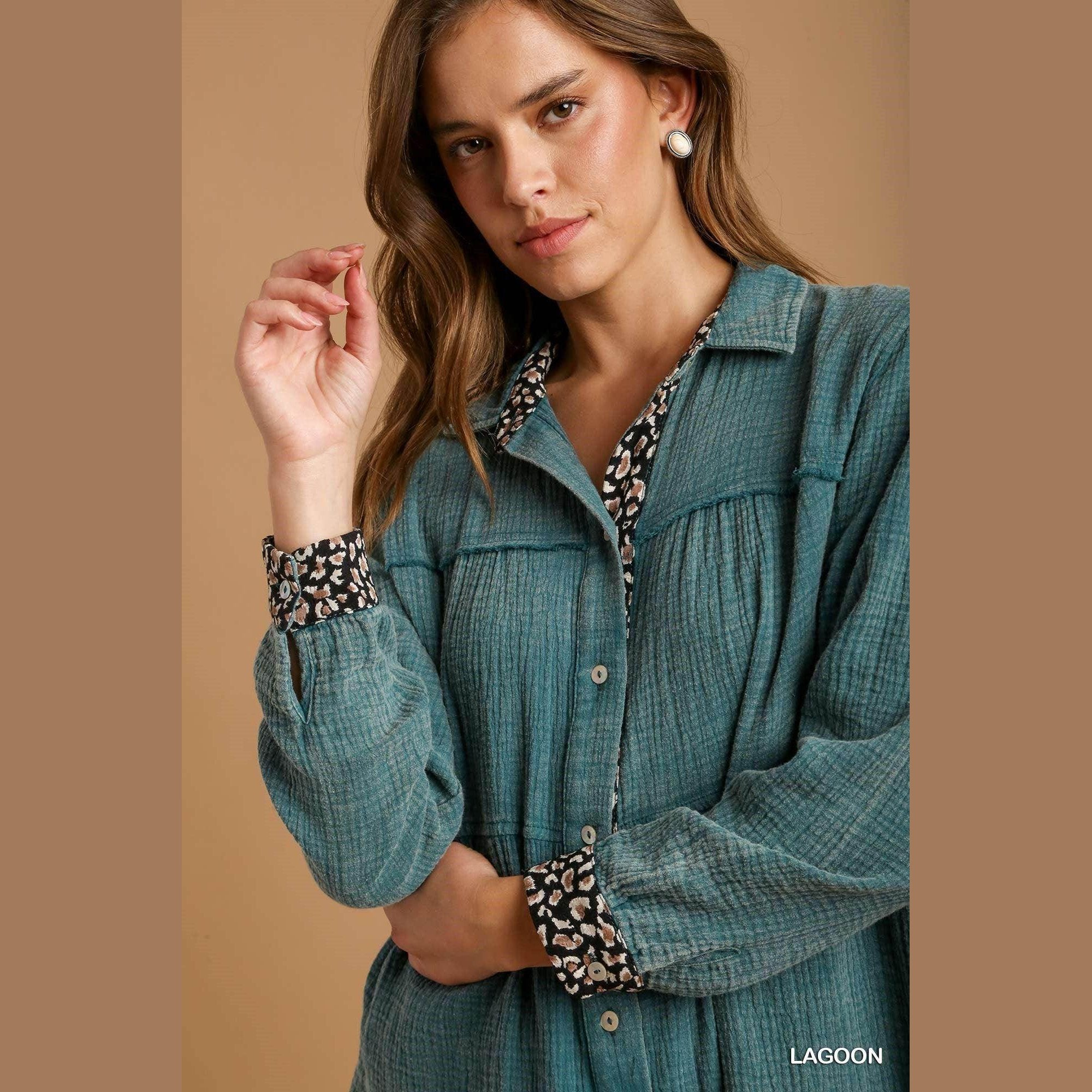 VacationGrabs mineral wash cotton dress in teal with a stylish button-up design and patterned cuffs