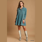 VacationGrabs mineral wash cotton dress in lagoon blue with a collared design and button front
