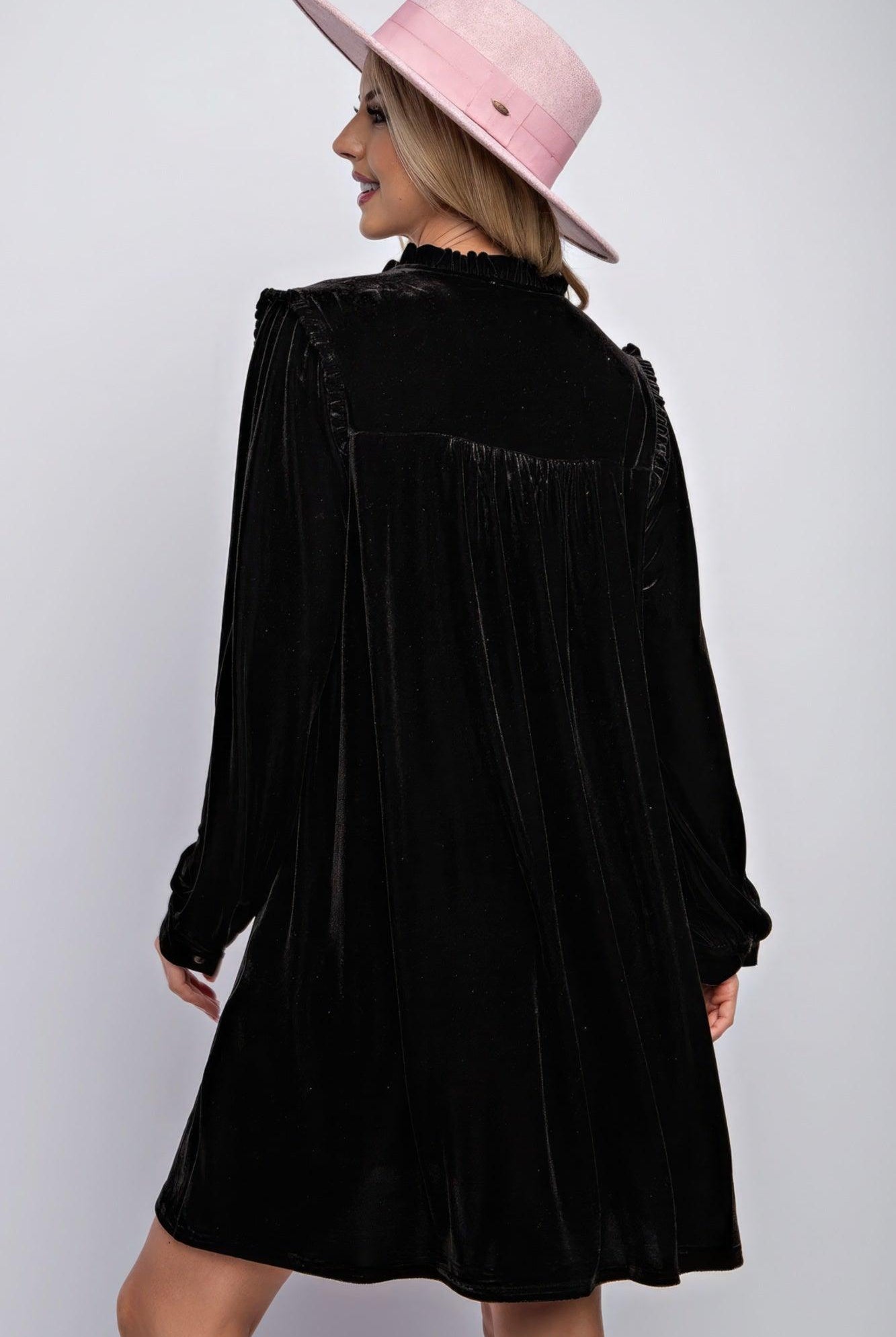 Women's Dresses Mini Ruffle Detailing Velvet Dress - Black
