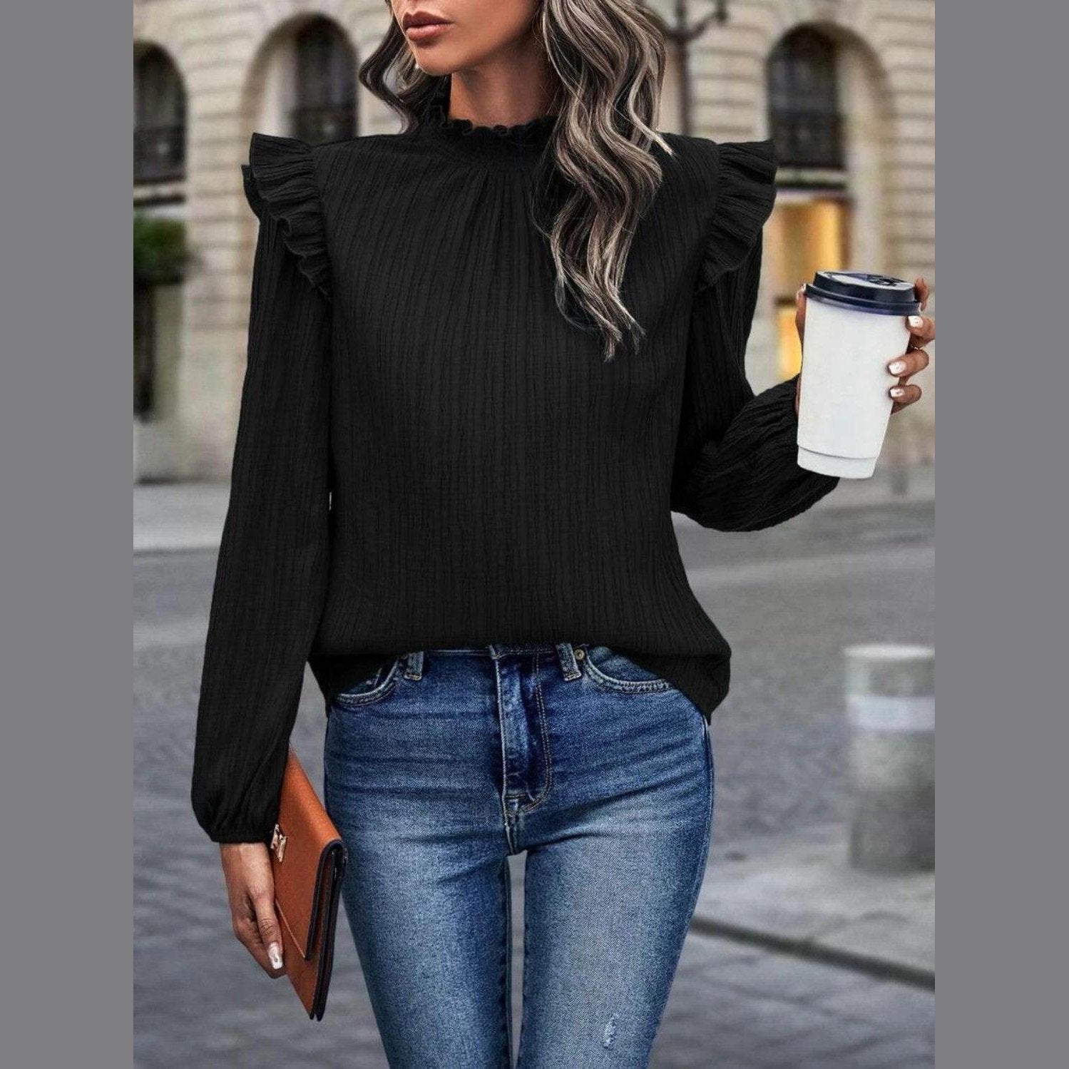 Trendsi black mock neck blouse for travel with ruffle details and long sleeves