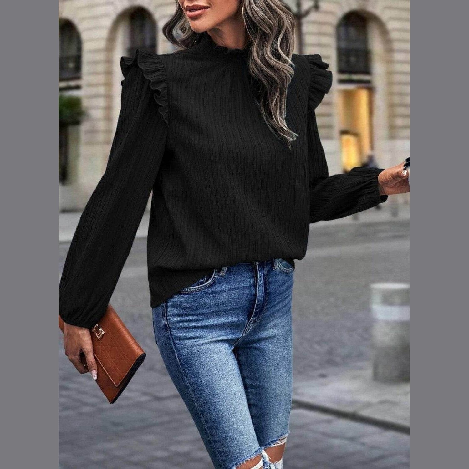 Trendsi Women's Mock Neck Blouse for Travel with Ruffled Sleeves in Black