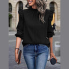 Trendsi black mock neck blouse for travel with ruffled sleeves for stylish comfort