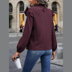 Trendsi women's mock neck blouse for travel in burgundy with ruffle details and long sleeves