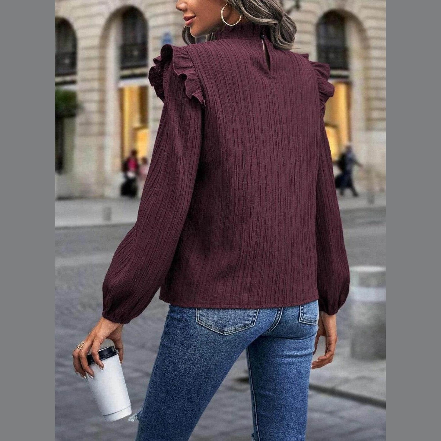 Trendsi women's mock neck blouse for travel in burgundy with ruffle details and long sleeves