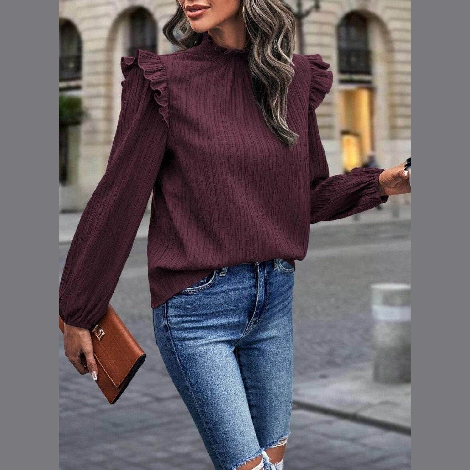 Trendsi Women's Mock Neck Blouse for Travel in Burgundy with Ruffle Sleeves and Stylish Design