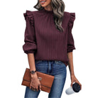 Trendsi Women's Mock Neck Blouse for Travel with Ruffled Sleeves in Burgundy