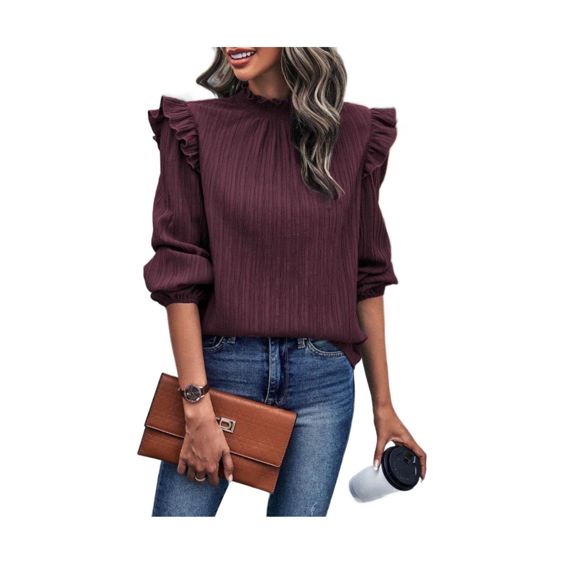Trendsi Women's Mock Neck Blouse for Travel with Ruffled Sleeves in Burgundy