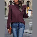 Trendsi women's mock neck blouse for travel in burgundy with ruffle sleeves, perfect for stylish outings