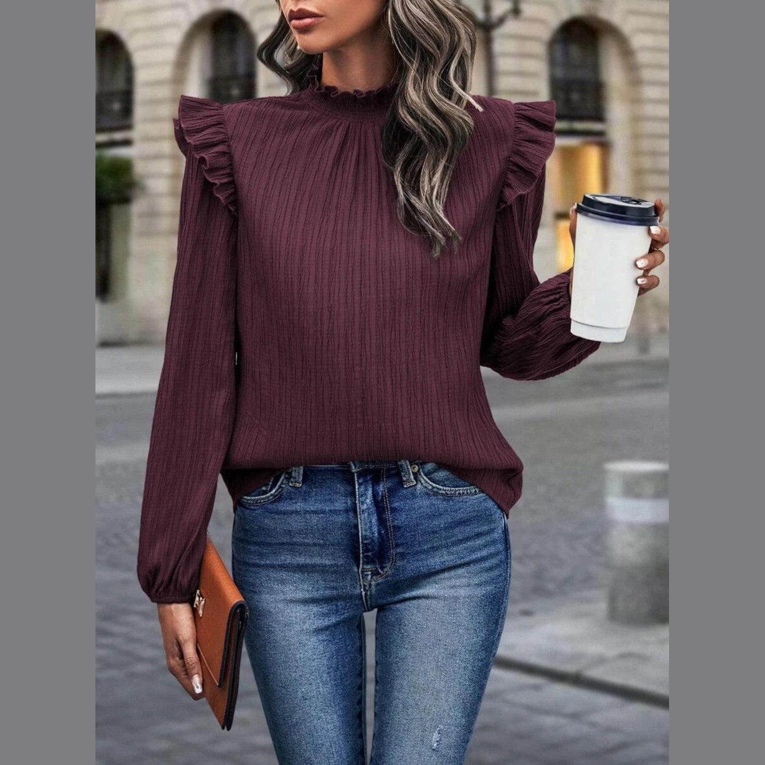 Trendsi women's mock neck blouse for travel in burgundy with ruffle sleeves, perfect for stylish outings